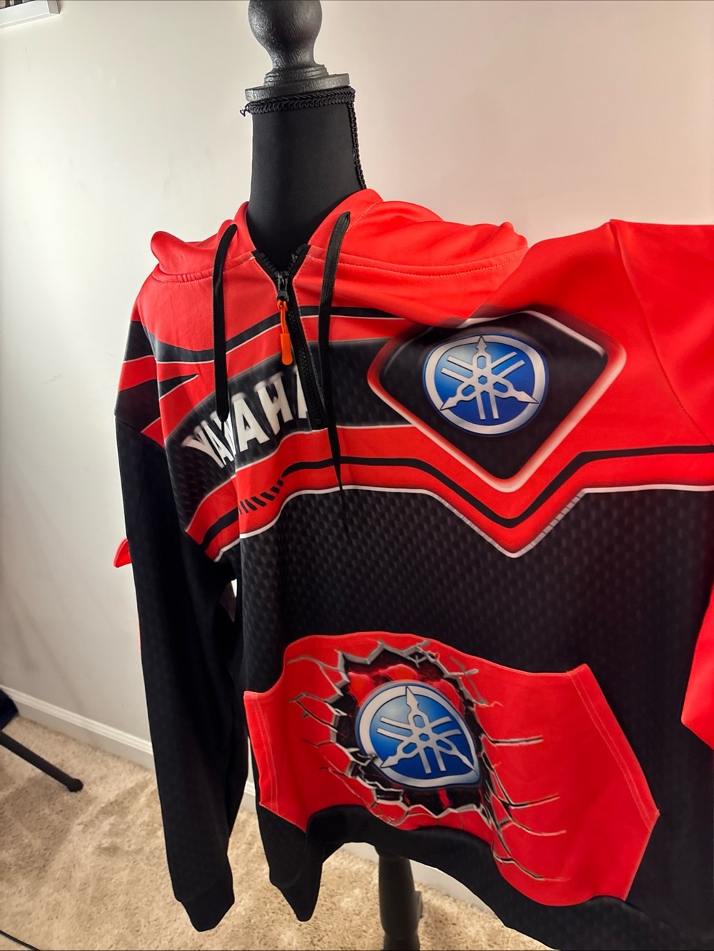 Yamaha Red and Black Graphic Hoodie with Blue Emblem. 505